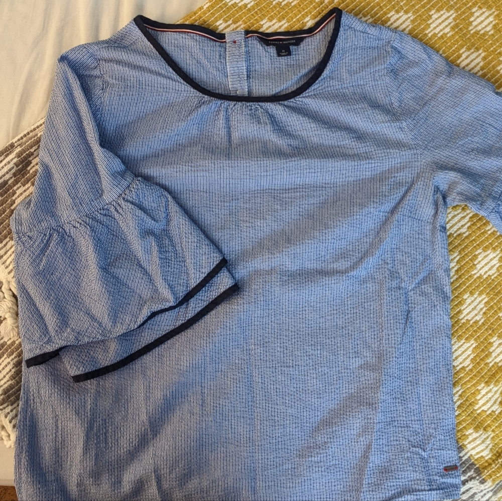 Blue Striped Seersucker Blouse - Tommy Hilfiger Medium